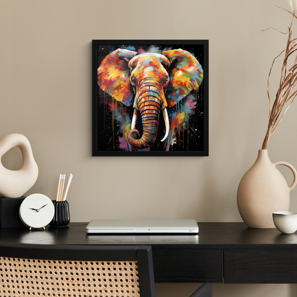 POSTER MIT RAHMEN Elefant - Graffiti - Schwarz - Tiere - Farben 40x40 cm - Schwarz, Papier (40/40cm) - MuchoWow