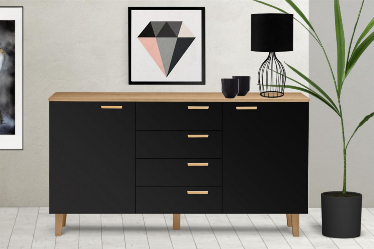 KOMBIKOMMODE FRISK 2 Türen und 4 Schubladen, schwarz - Eichefarben/Schwarz, Eichenholz/Holzwerkstoff (150/81/46cm) - KONSIMO®