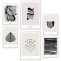 POSTER Set Mit 6 Abstrakte Kunst In Schwarzweiß Pinselstriche A3 & A4 Weißer Rahmen - Weiß, Papier (29/3cm) - Nacnic