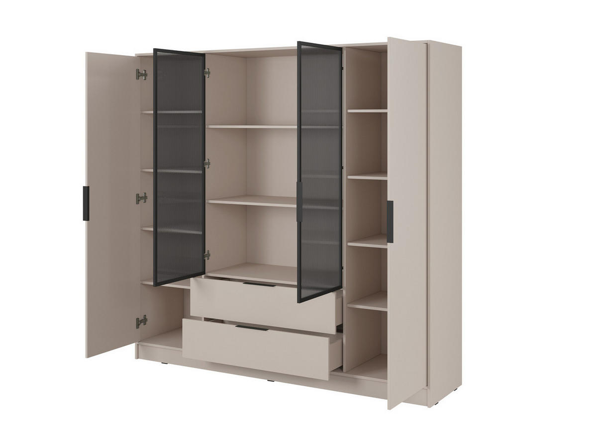 KLEIDERSCHRANK RICADI 4D RM (Kaschmir, Riffelglas, 4 Türen, 2 Schubladen, Kunststoffgriffe) - Kaschmir/Schwarz, Holz/Holzwerkstoff (206/200/51cm) - Ravio