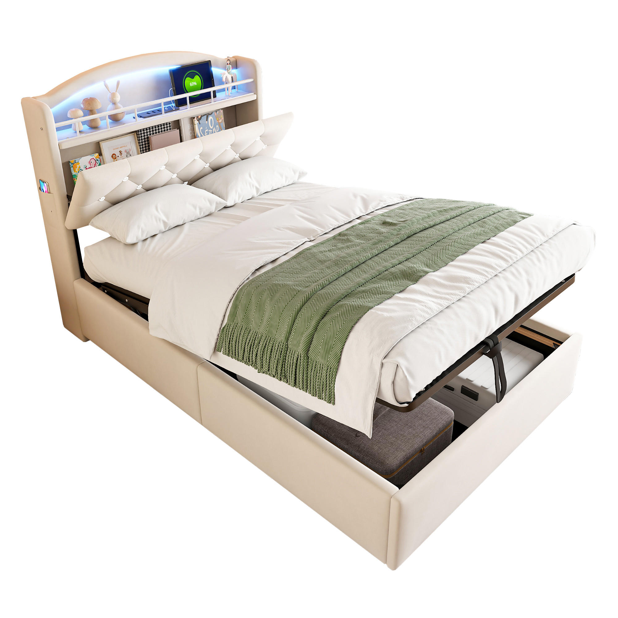 POLSTERBETT Kinder 90/200 cm Beige mit Stauraum, LED und USB-Anschlüssen - Beige, Textil (90/200cm) - OKWISH