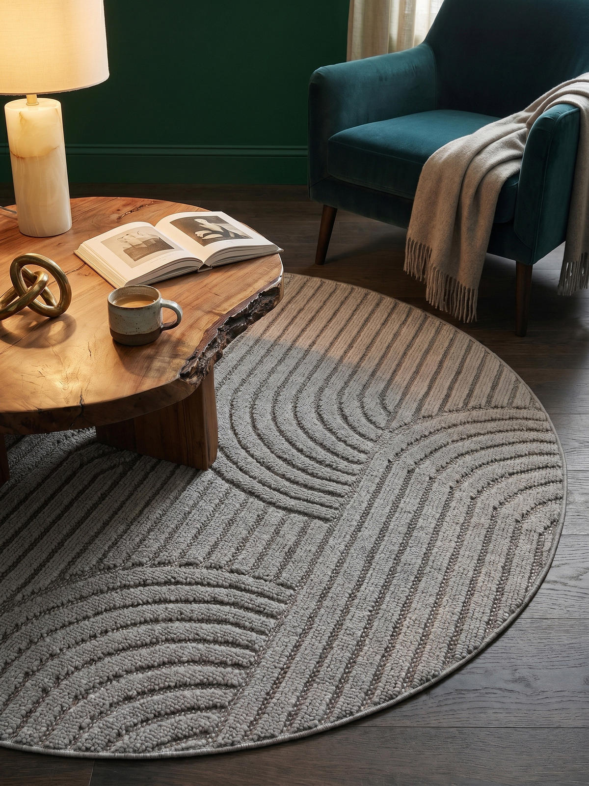 TEPPICH Flachgewebe LANGAU in Silber, mit geometrischen Bögen, Ø 160 cm - Silberfarben, Textil (160/160cm) - KADIMA DESIGN