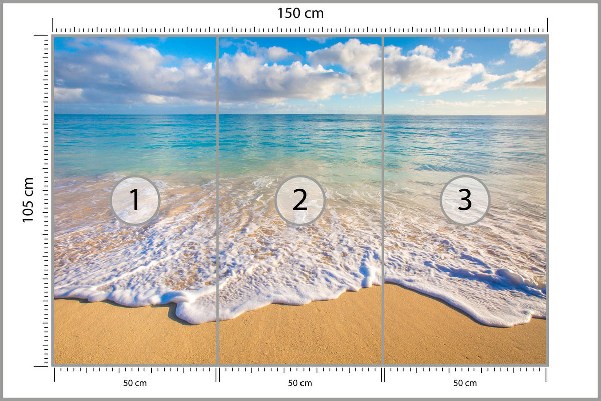 FOTOTAPETE für Wohnzimmer Türkisfarbenes Meer Wellen Goldener Strand 150x105 - Gelb/Beige, Papier (150/105cm) - Muralo