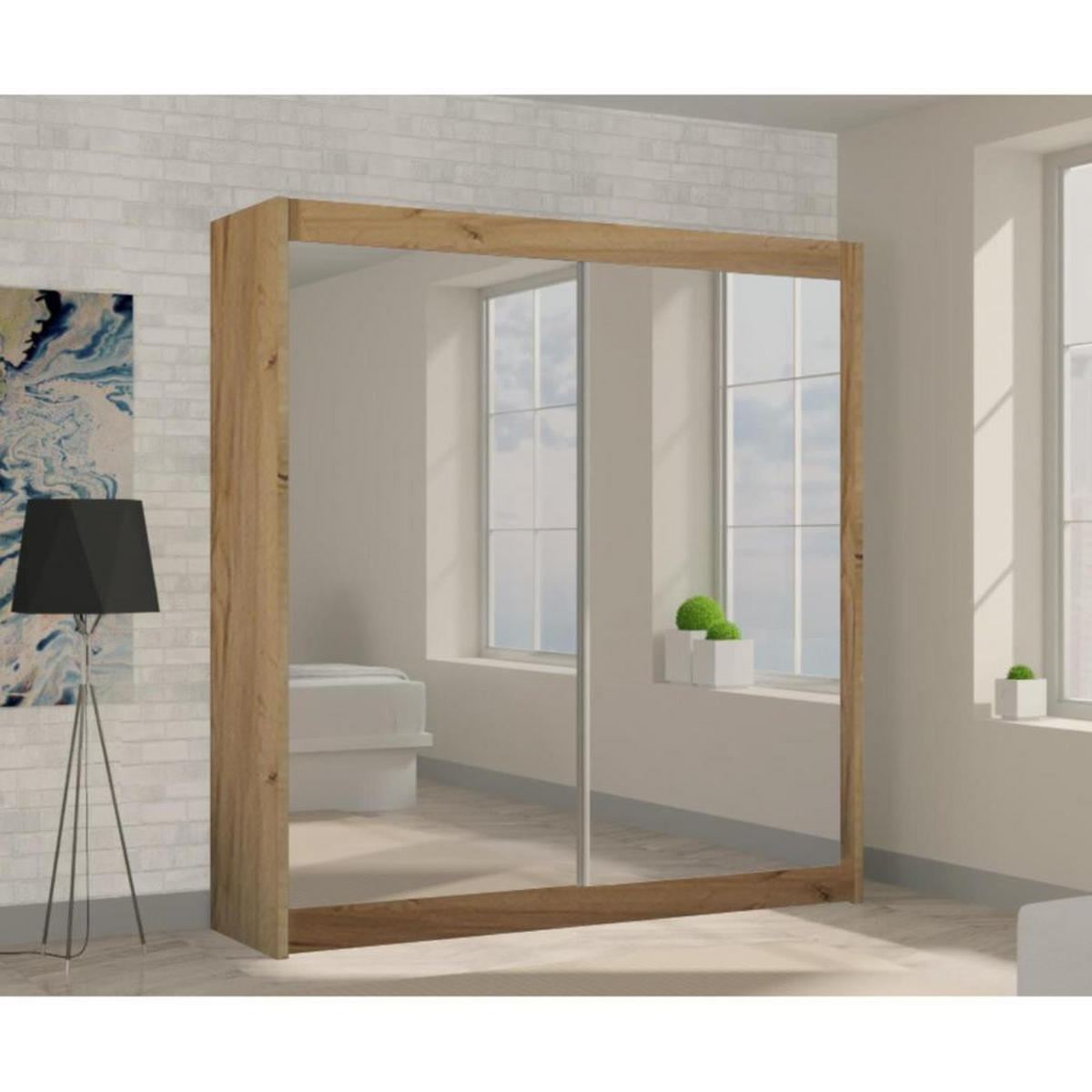 SCHWEBETÜRENSCHRANK Debra 200/216/61 eiche Artisan mit Spiegel - Eiche Artisan, Holzwerkstoff (200/216/61cm) - Beautysofa