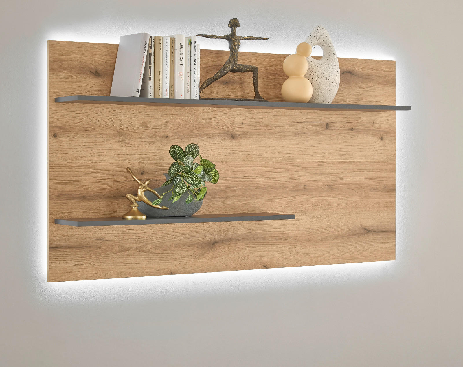 WANDREGAL Eiche Evoke, grau 155 cm, Wandpaneel inklusive LED-Beleuchtung - Naturfarben, Holzwerkstoff (155/80/20cm) - Furn.Design