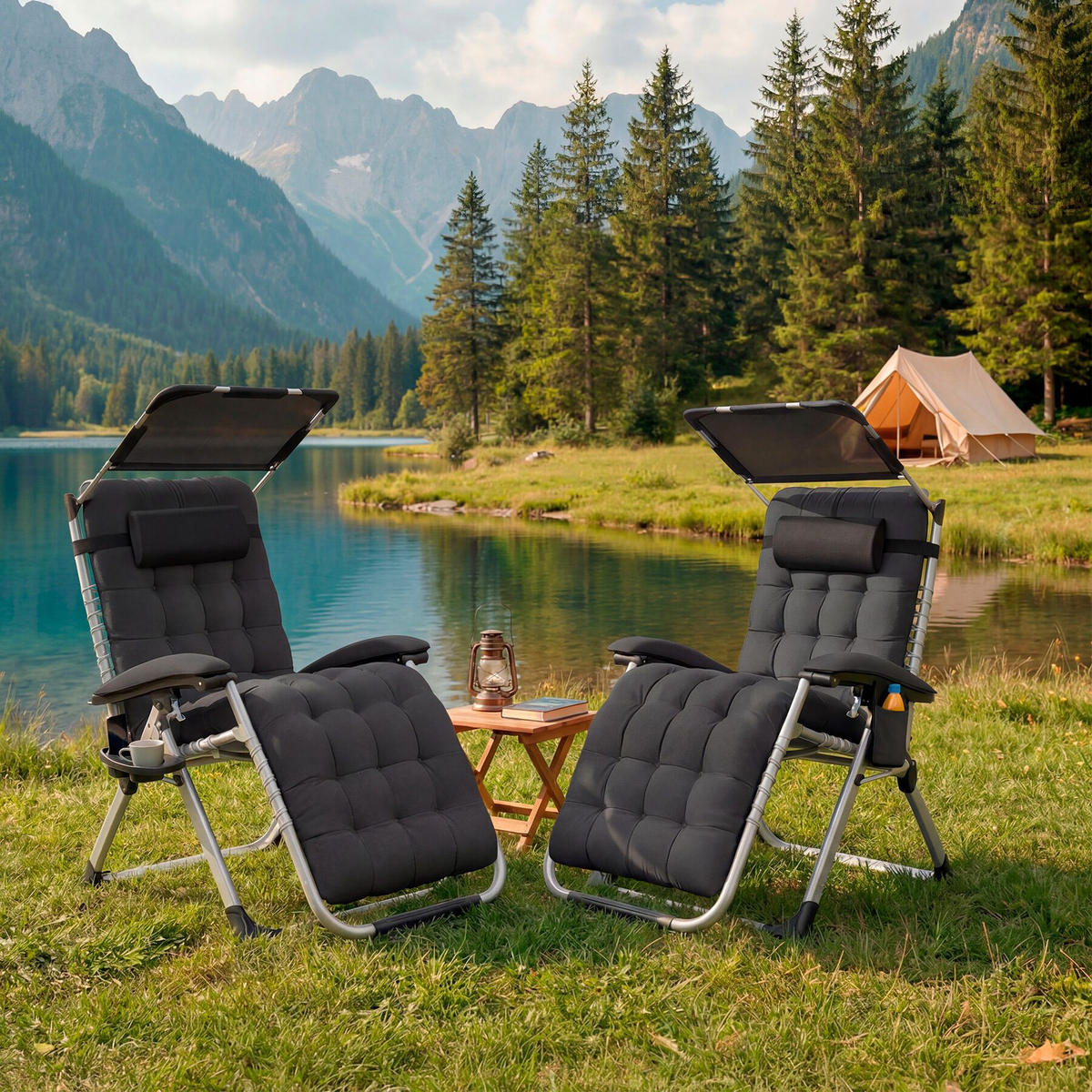 SONNENLIEGE Cloud Ii, mit Ablagetisch und Stautasche, schwarz - Schwarz, Kunststoff (84/103/168cm) - tectake