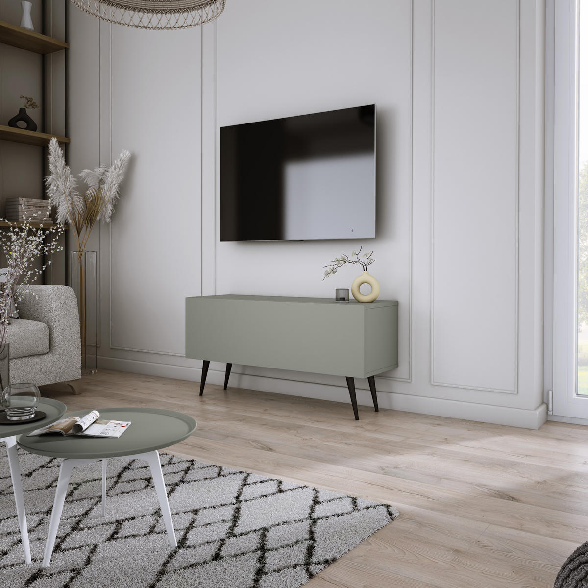 TV-SCHRANK : Aloe, 100 x 52 x 32 cm, schwarze Beine - Schwarz/Grün, Holzwerkstoff/Metall (100/52/32cm) - 3XE LIVING