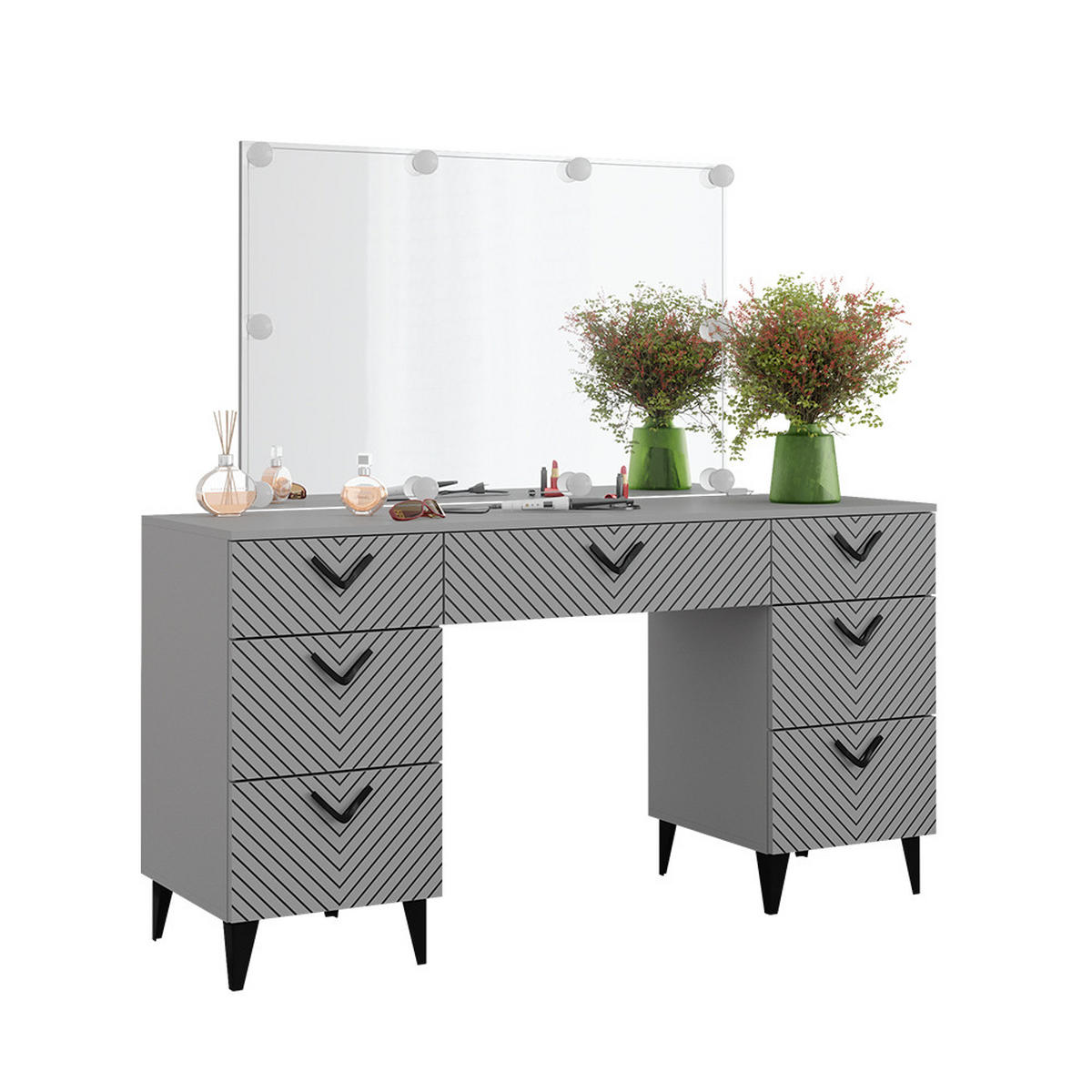 SCHMINKTISCH Anett Grau 150 cm mit LED Beleuchtung - Grau, Holzwerkstoff (150/78.1/45cm) - Vicco