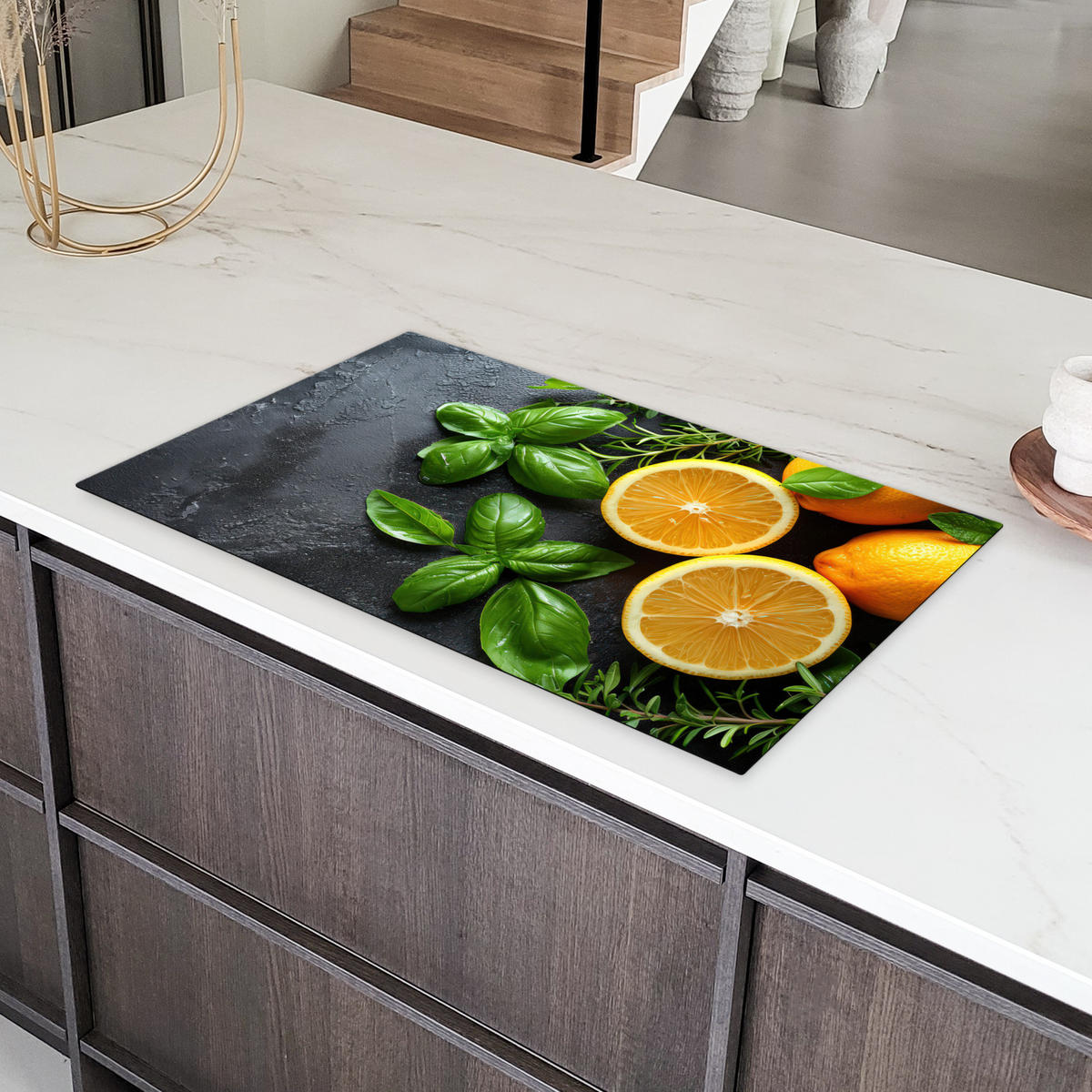 HERDABDECKPLATTE Obst - Grau - Konkret - Orange - Pflanzen Induktionsschutz 91.2x52 cm - Anthrazit, Kunststoff (91.2/52/0.2cm) - MuchoWow