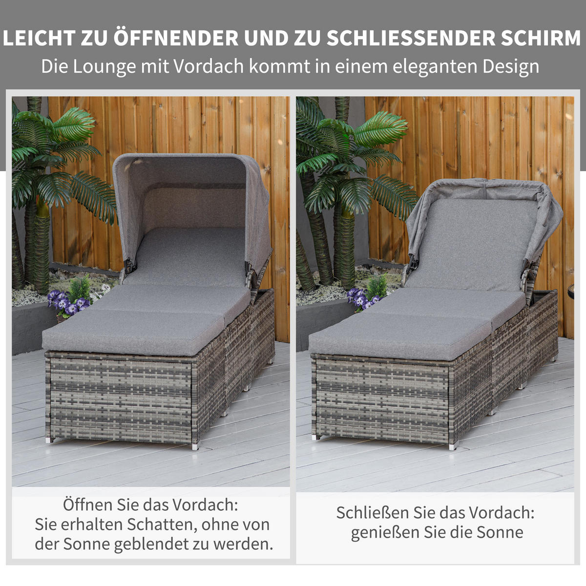 SONNENLIEGE aus Polyrattan, Grau - Grau, Metall (65/40/195cm) - Outsunny