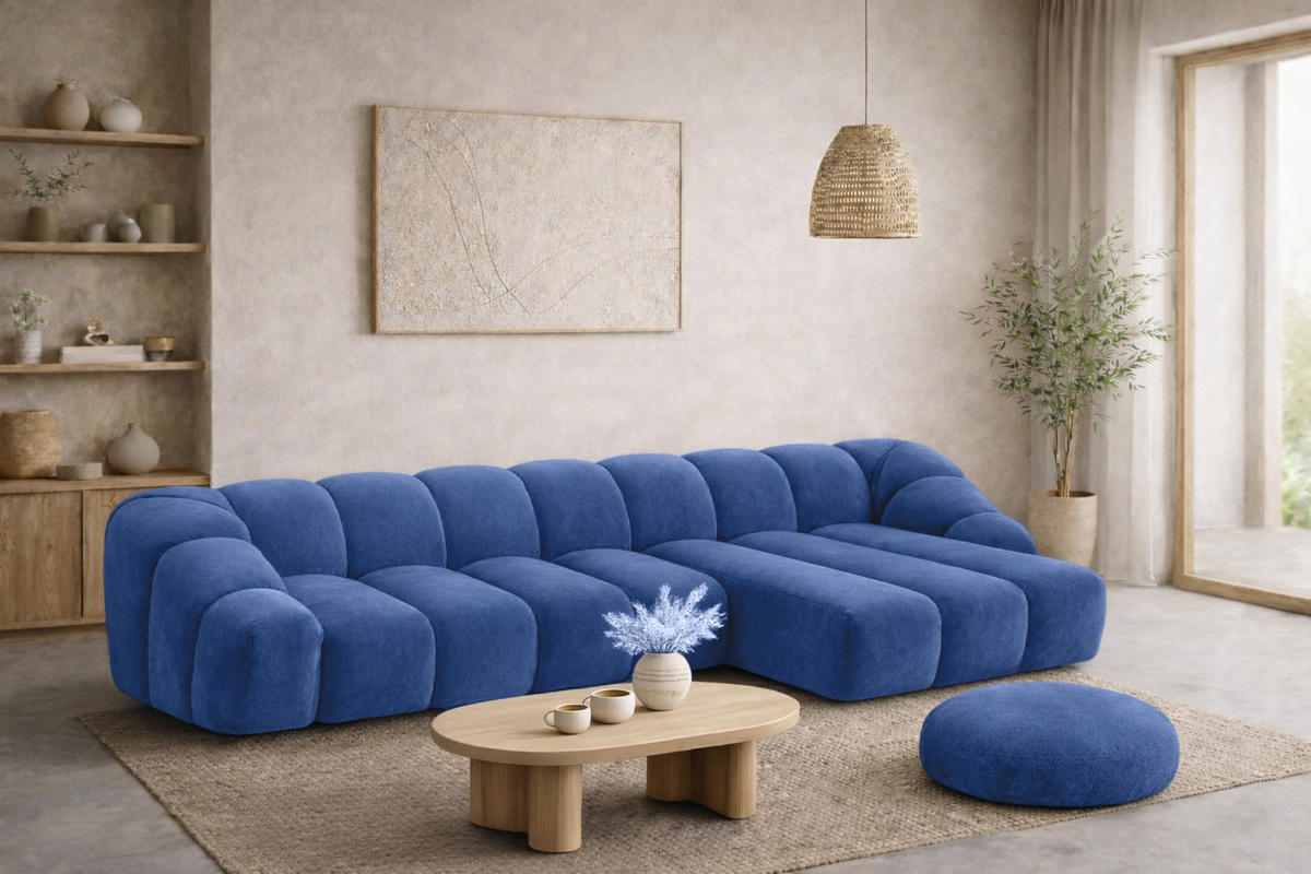 ECKSOFA Modulare L-Form, Veloursstoff Bluvel, Tintenblau, Rechts, CROISSANT XL - Blau, Holz (340/190cm) - Kaiser Möbel