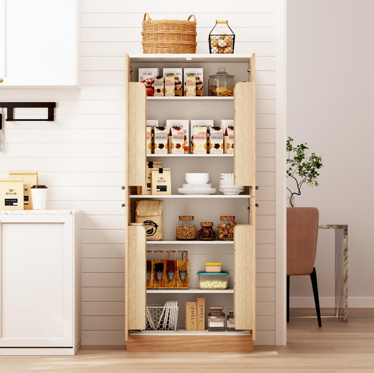 BUFFET 76/42/180 cm in Weiß/Eichefarben mit 4 Türen - Weiß, Holzwerkstoff (76/180/42cm) - Flora Grace