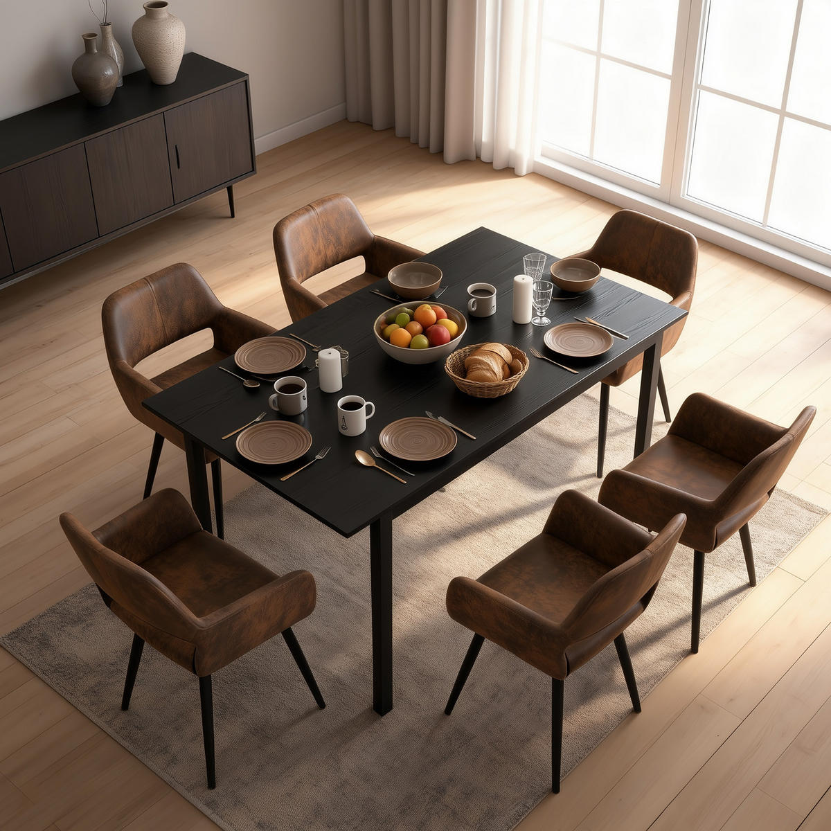 ESSGRUPPE mit Tisch und 6 Armlehnstühlen in Wildlederoptik, Braun - Schwarz/Braun, Textil/Metall (56/78/56cm) - Meubles Cosy