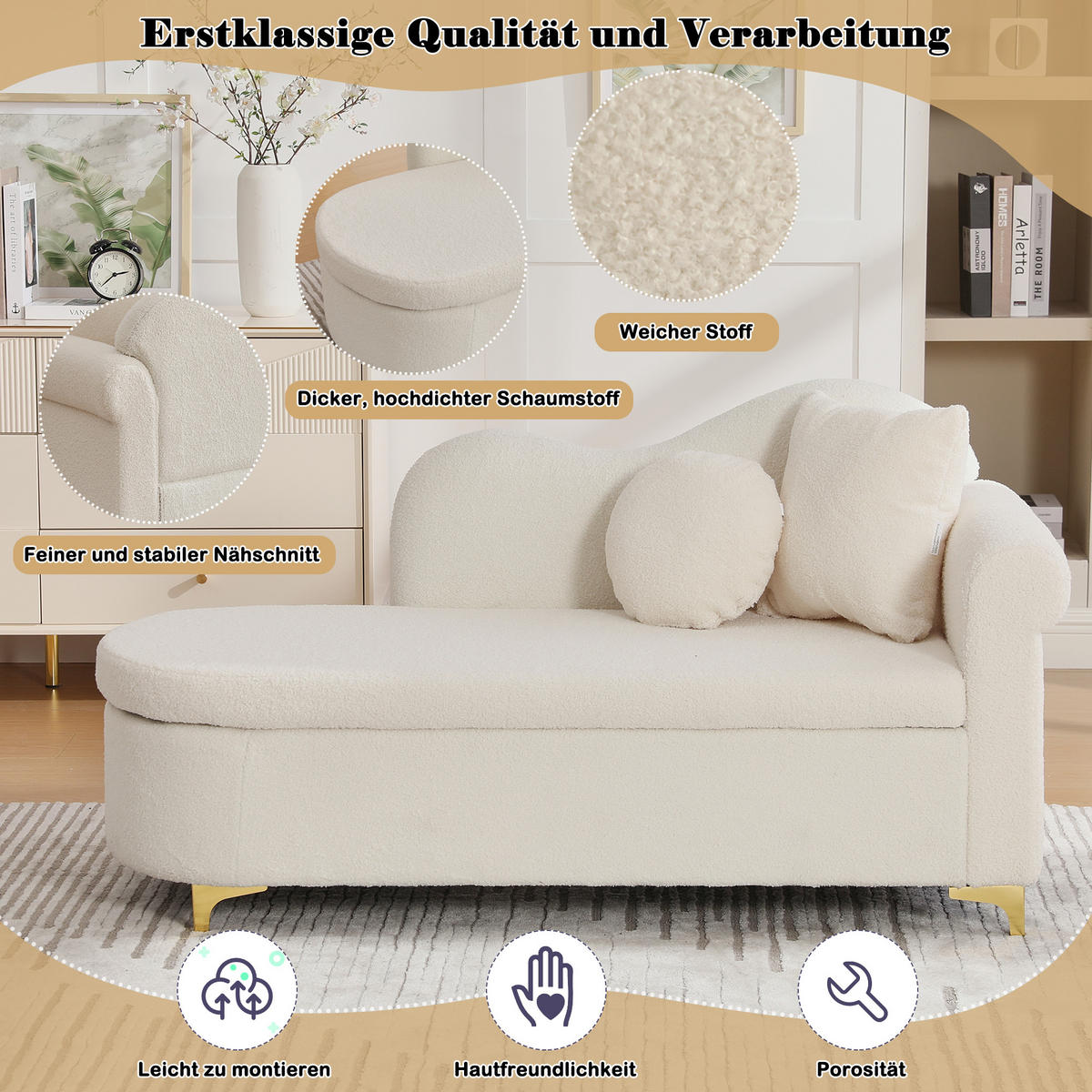 CHAISELONGUE mit Stauraum 134 cm, Teddyplüsch Stoff, modernes Design, ergonomische Rückenlehne, inkl. Lenden- & Nackenkissen - Beige, Textil (64/70/134cm) - Ej. Life