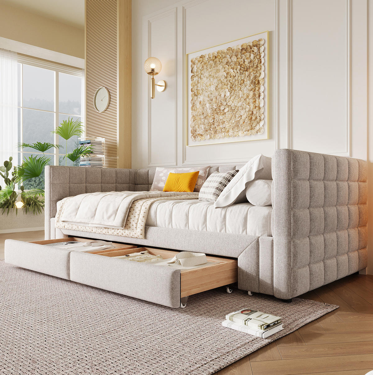 TAGESBETT 90/200 cm aus Samt, ausziehbar mit 2 Schubladen und quadratischer Rückenlehne, Beige - Beige, Textil (90/200cm) - Redom