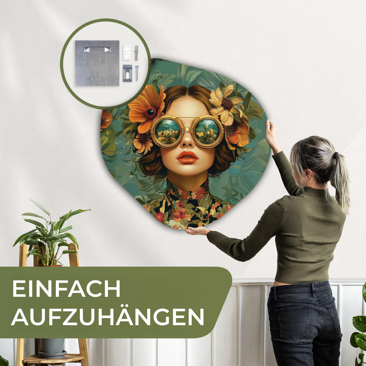 WANDBILD Frau - Blumen - Schmetterlinge - Natur - Vintage 90x90 cm - Petrol, Kunststoff (90/90cm) - MuchoWow