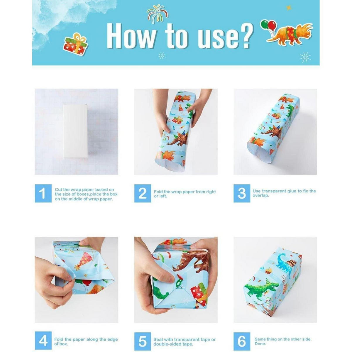 GESCHENKPAPIER 3 Rollen Set Dinosaurier Motiv 43 cm x 3 m - Multicolor, Papier (43/43/43cm)