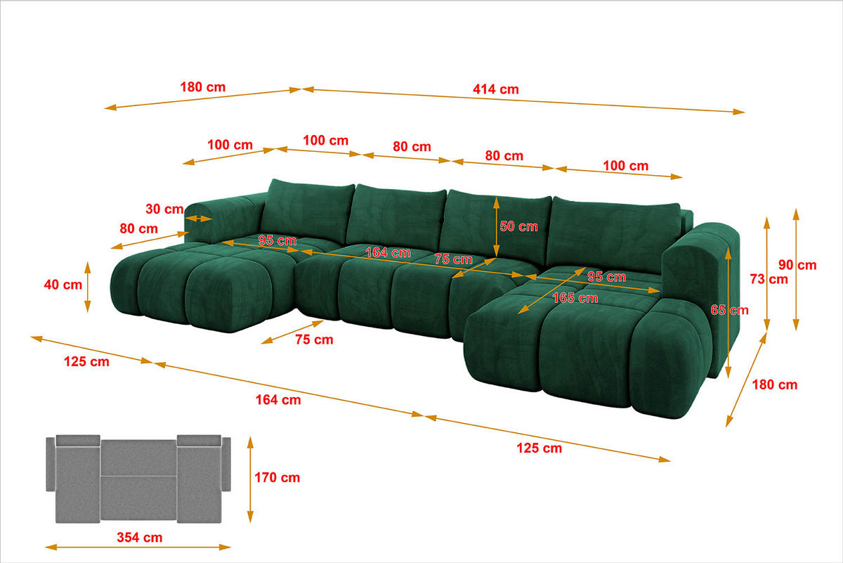 WOHNLANDSCHAFT Ottomane Links CLOUD-U 414x180x40 Dunkelgrün Velours - Dunkelgrün, Holzwerkstoff/Kunststoff (414/90/180cm) - ALTDECOR