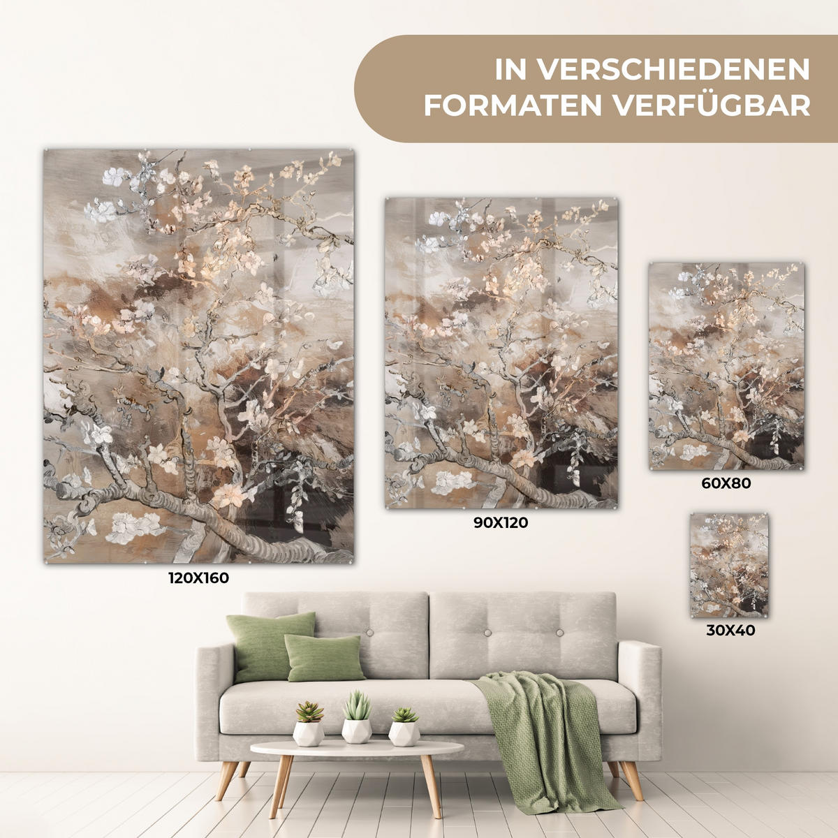 ACRYLGLASBILD Mandelblüte - Kunst - Van Gogh - Beige - Abstrakt 60x80 cm - Braun, Glas (60/80cm) - MuchoWow
