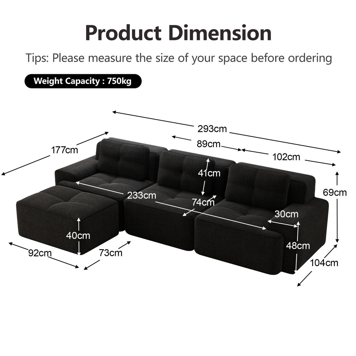 ECKSOFA Cord Schwarz mit Ottomane - Schwarz, Textil (293/177cm) - WISHDOR