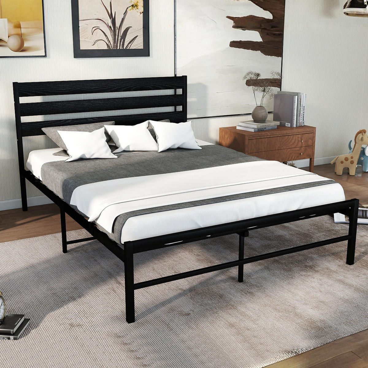 METALLBETT 140x200 cm Schwarz mit komfortablem Kopfteil, stabiler Konstruktion - Schwarz, Metall (140/200cm) - Modfu