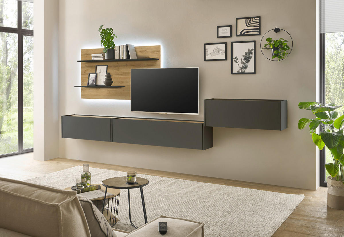 WOHNWAND grau matt, Eiche Wotan 350 cm, Schrankwand mit Sekretär - Eiche Wotan/Grau, Holzwerkstoff/Metall (350/180/30cm) - Furn.Design