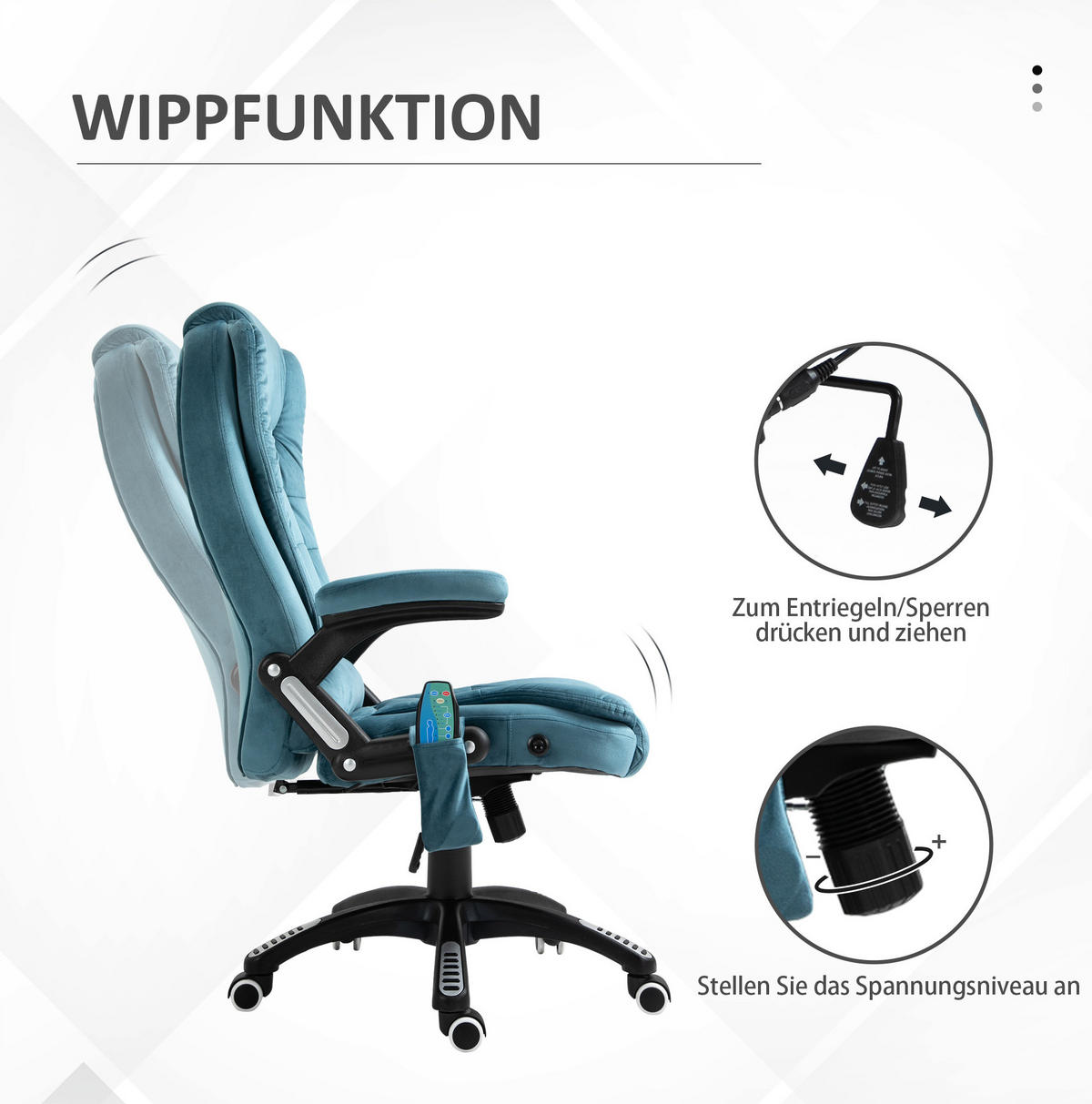 BÜROSTUHL in Blau 72x68x120 cm mit Massage- und Heizfunktion, höhenverstellbar - Blau, Textil (68/120/72cm) - IVMEU