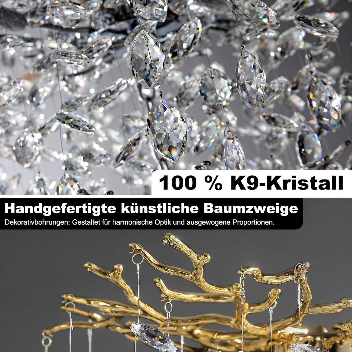 TREPPEN-KRONLEUCHTER 160 cm 5-stufiger K9‑Kristall Baumzweig Gold für Eingangsbereich und Wohnzimmer - Gelb, Naturmaterialien (75/67/41.5cm) - Surtime
