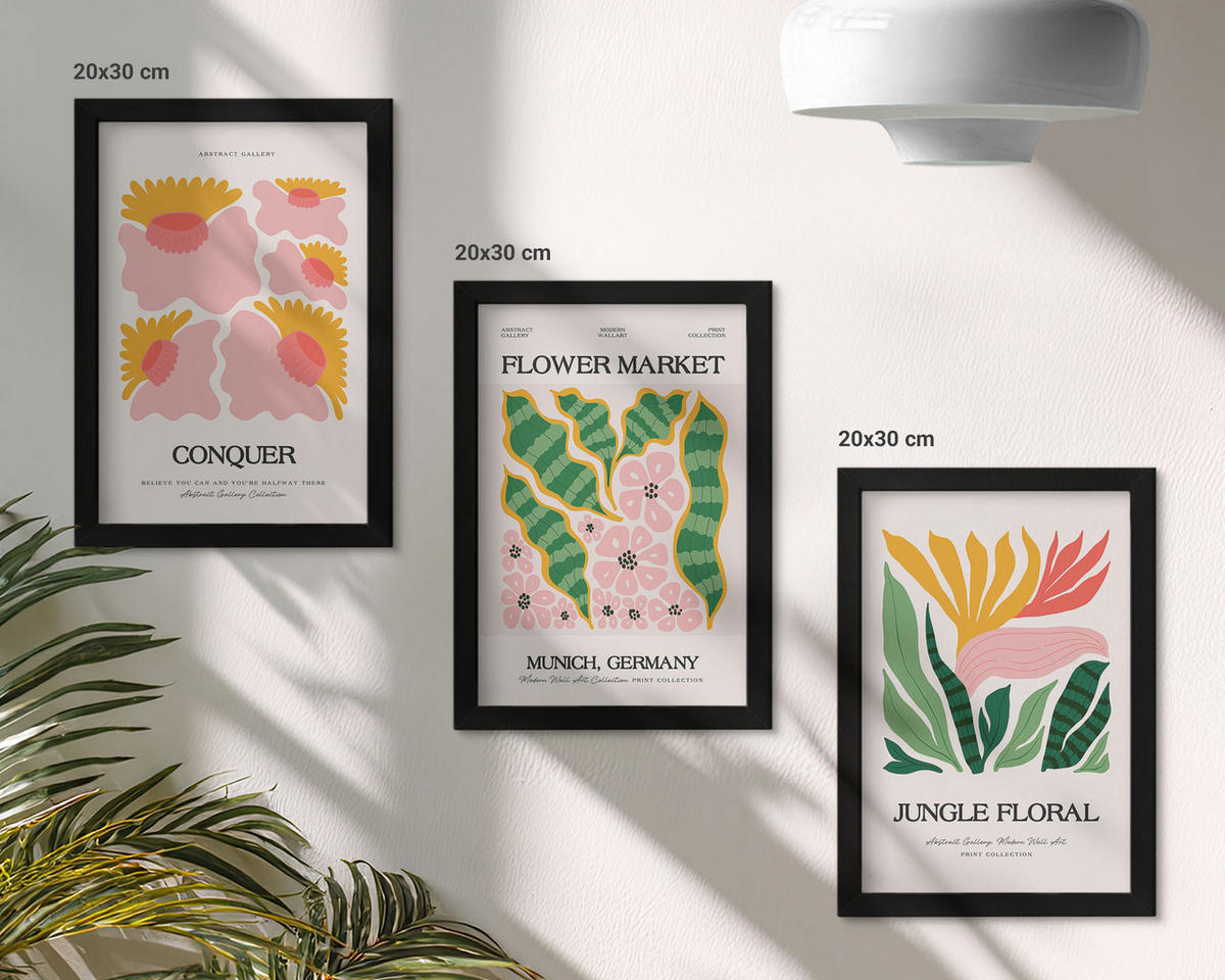 BILDER SET 3er Set - 20x30 cm Schwarzer Rahmen - Blumen und Blätter – moderne Poster - Schwarz, Kunststoff (20/30cm) - TULUP