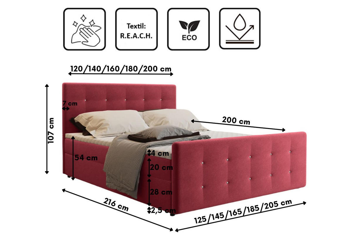 BOXBETT Mit Bettkasten Matratze Topper AMOR Rot 140x200 cm H3-Bonell - Rot, Holz/Textil (140/200cm) - Kaiser Möbel