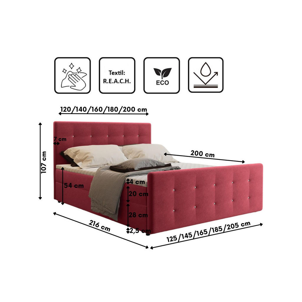 Thumbnail - Kaiser Möbel Boxbett, Rot, Textil, 2 Schubladen, H2, 7-Zonen, Höhe ca. 20 cm, Rechteckig, 180x200 cm, Schlafzimmer, Bett...