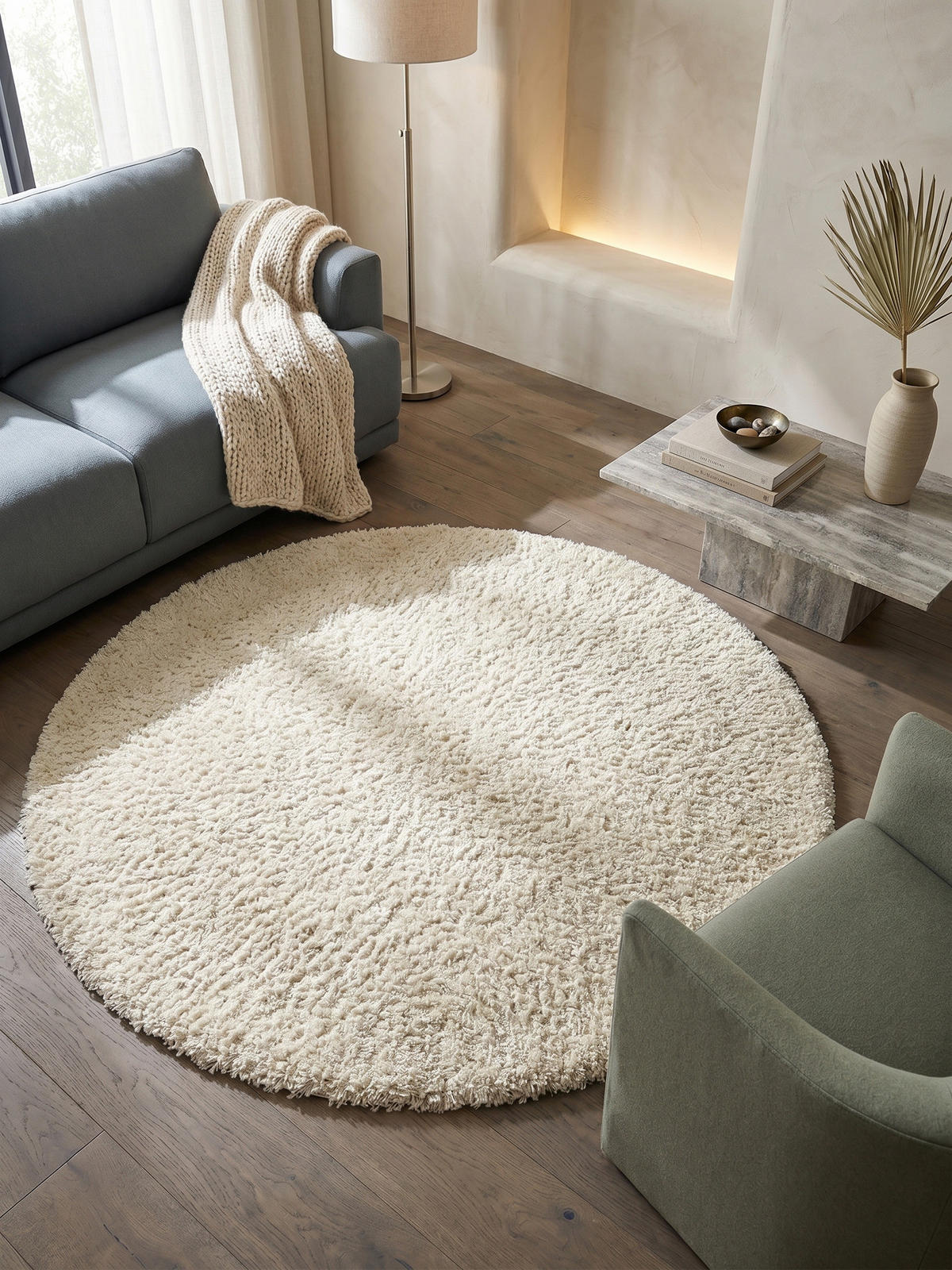 TEPPICH Wohnzimmer Hochflor Einfarbig Weich Flauschig Waschbar Rund Creme 200x200 cm – RHEIN - Beige, Textil (200/200cm) - KADIMA DESIGN
