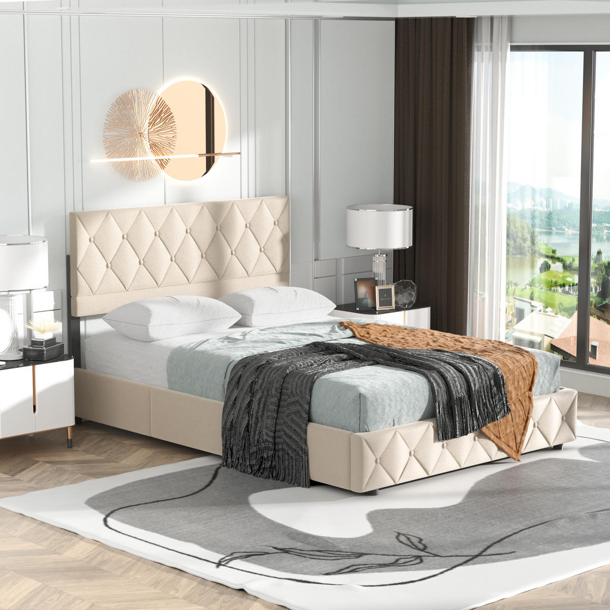 POLSTERBETT 140/200 cm Beige Samt, Hydraulik-Aufzug und rautengetuftetem Kopfteil - Beige, Textil (140/200cm) - OKMYHOME