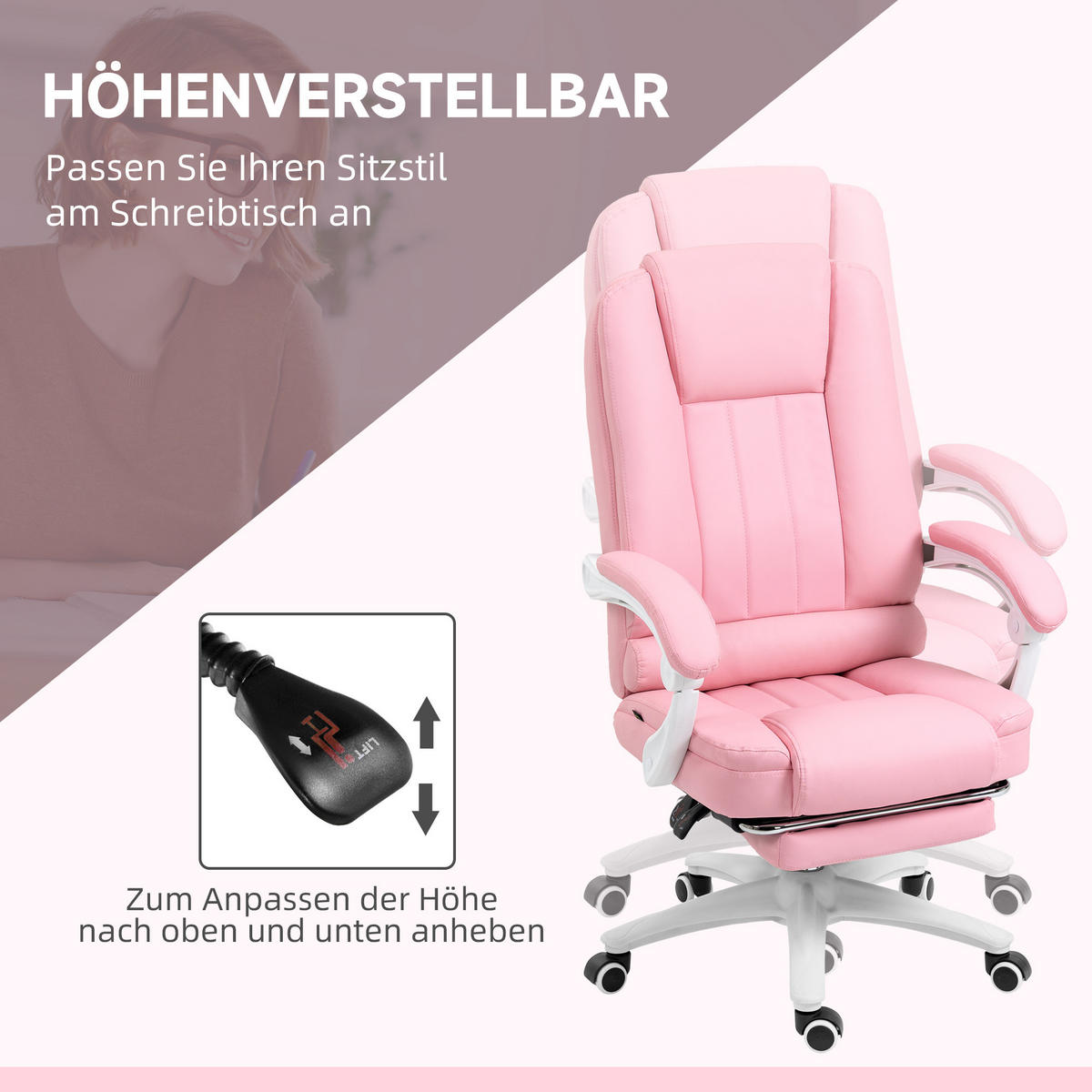 CHEFSESSEL, Bürostuhl, Kunstleder, Rosa - Rosa, Leder (68/116/65cm) - Vinsetto
