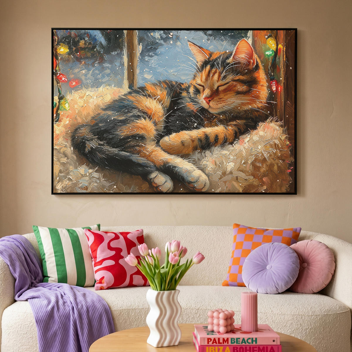 LEINWAND Bilder mit Rahmen - Katze - Weihnachten - Winter - Tier - 150x100 - Bernsteinfarben, Textil (150/100cm) - MuchoWow