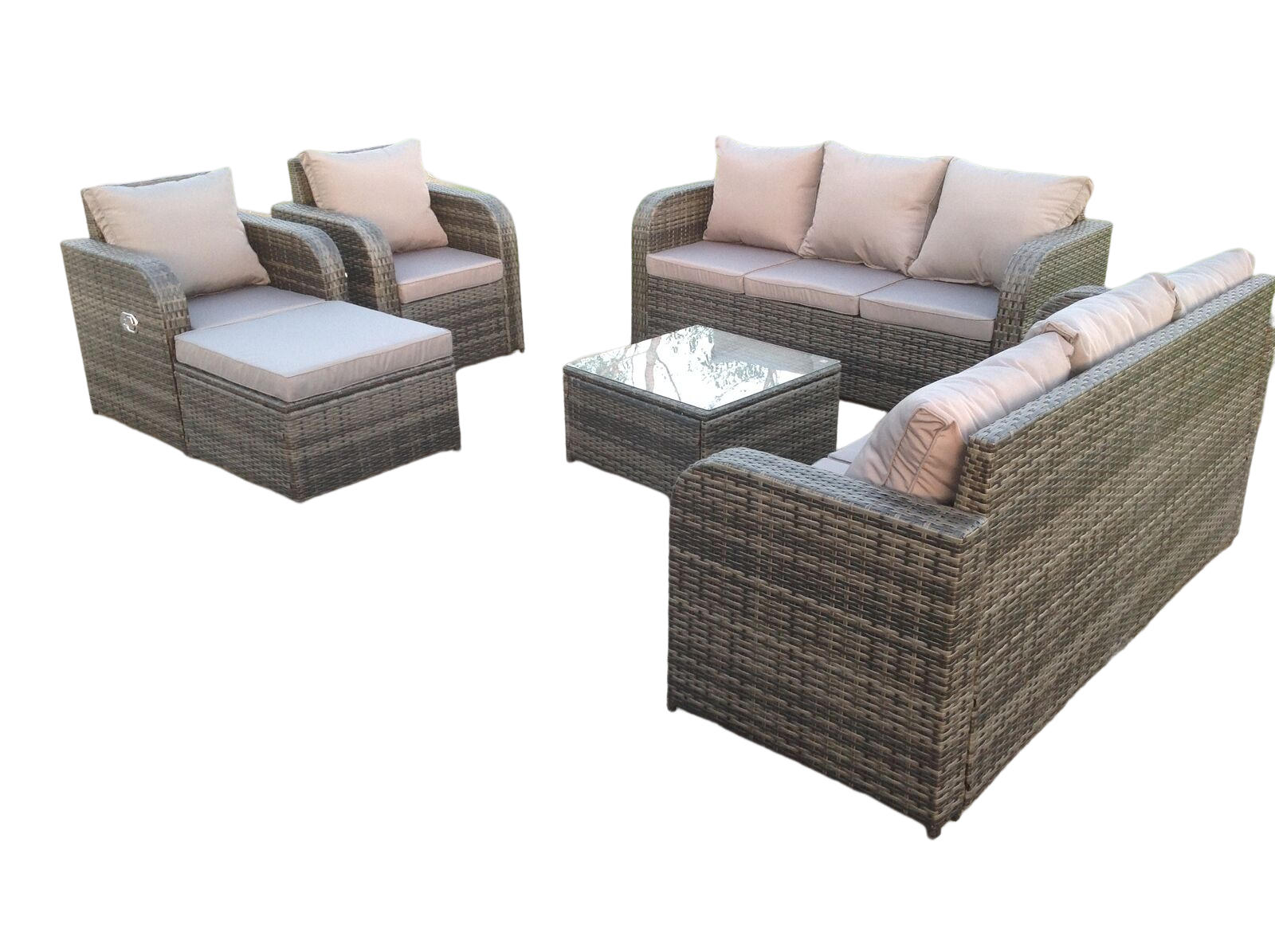 GARTENMÖBEL SET MIT LIEGESTUHL Polyrattan Outdoor 9-Sitzer - Dunkelgrau/Grau, Glas/Kunststoff - Fimous