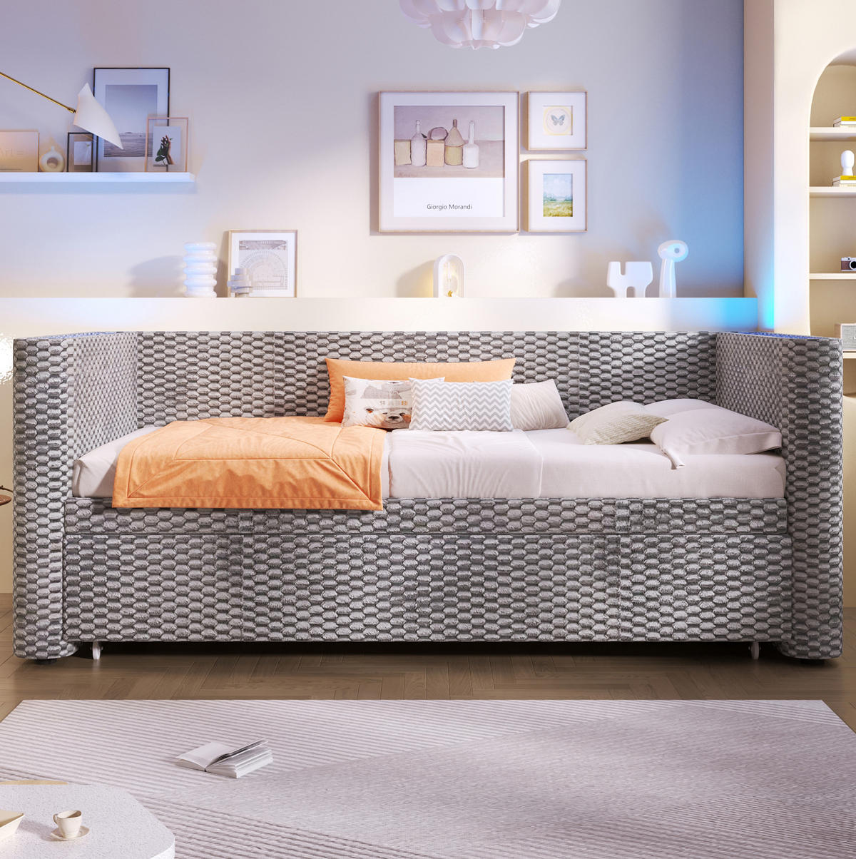 TAGESBETT aus Samt 90x200 cm Grau mit Ausziehfunktion, LED-Beleuchtung und umklappbarer Liegefläche 180x200 cm - Grau, Textil (90/200cm) - Modfu