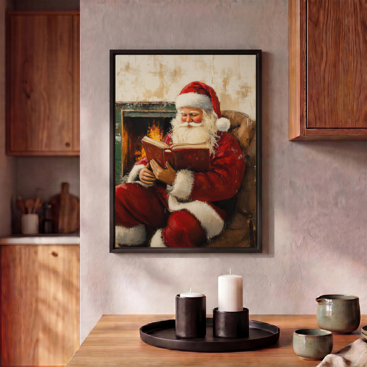 LEINWAND Bilder mit Rahmen - Weihnachten - Weihnachtsmann - Winter - Open Fireside - 30x40 - Dunkelrot, Textil (30/40cm) - MuchoWow
