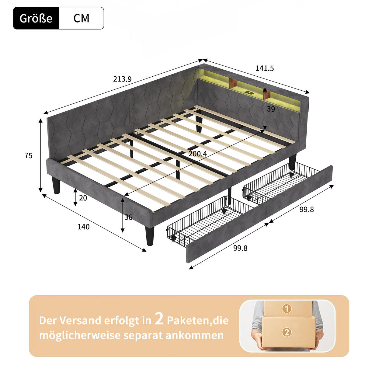 POLSTERBETT 140x200 cm, Stauraumkopf mit Ablagen, 2 Schubladen, LED und USB, Samt in Grau - Grau, Holz (140/200cm) - BRILVERDE