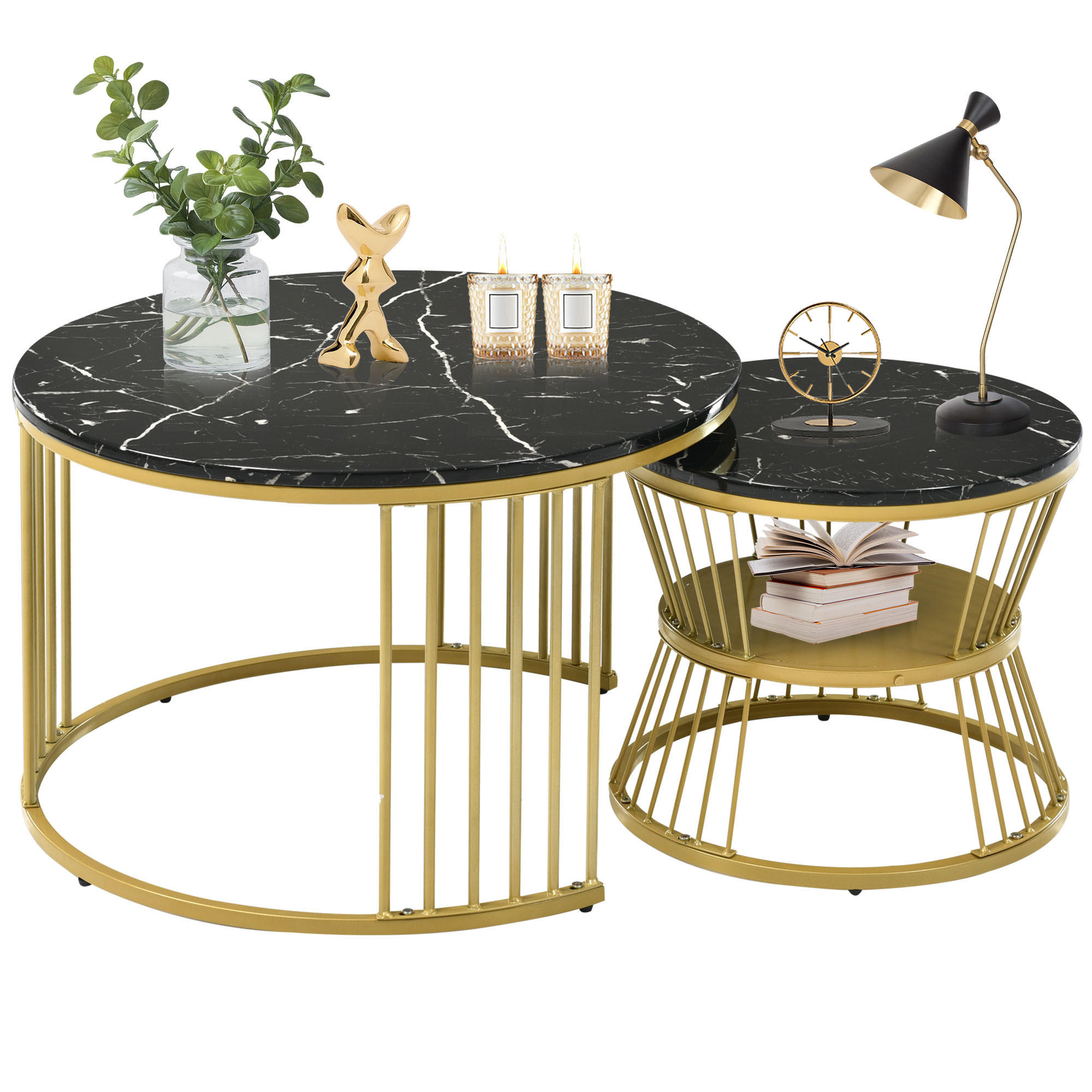 COUCHTISCH 2-teiliges Set 70/70/47 cm und 45/45/40 cm Schwarz Stapelbar mit Stahlrahmen - Schwarz, Holzwerkstoff (70/70/47cm) - OKWISH