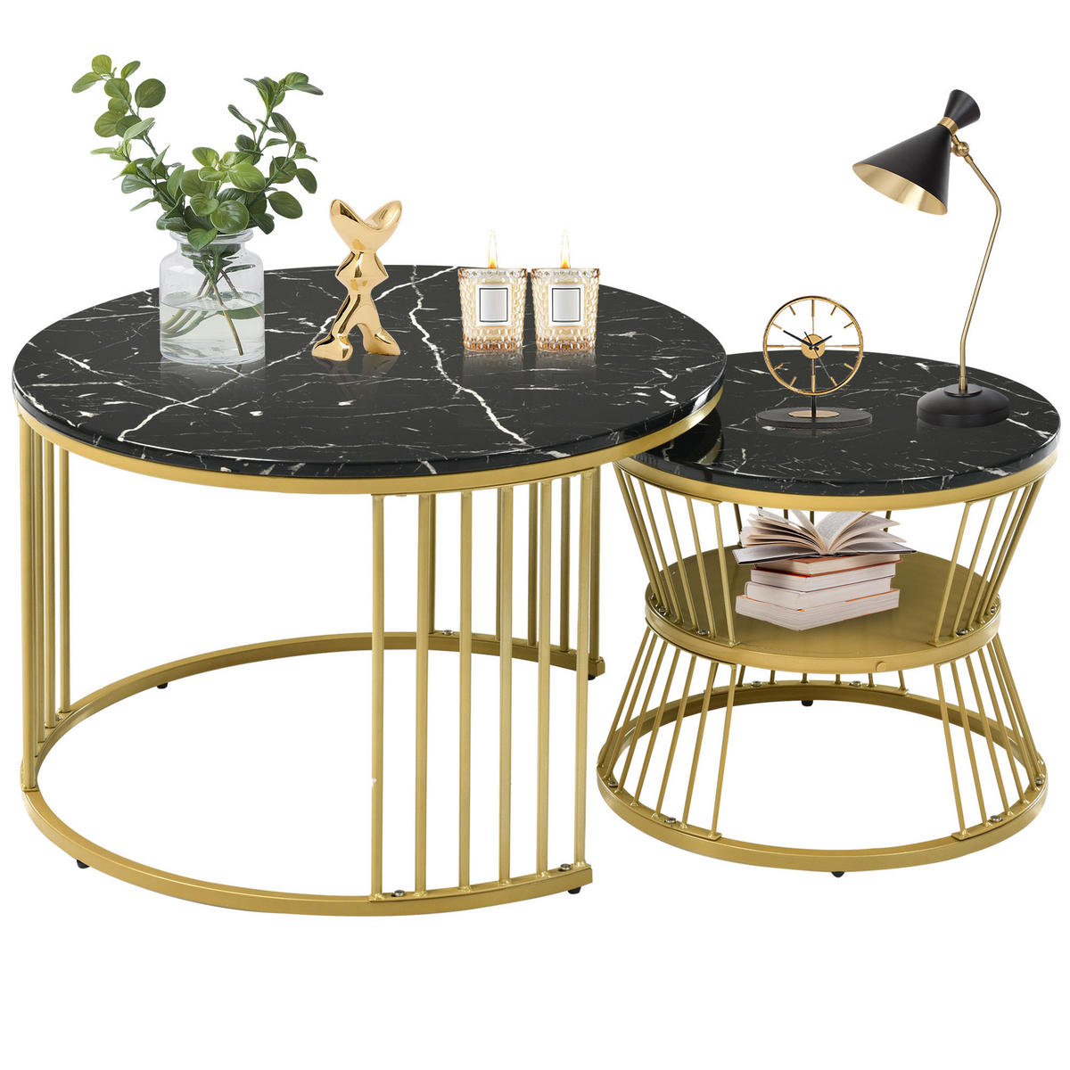 COUCHTISCH 2-teiliges Set 70/70/47 cm und 45/45/40 cm Schwarz Stapelbar mit Stahlrahmen - Schwarz, Holzwerkstoff (70/70/47cm) - OKWISH