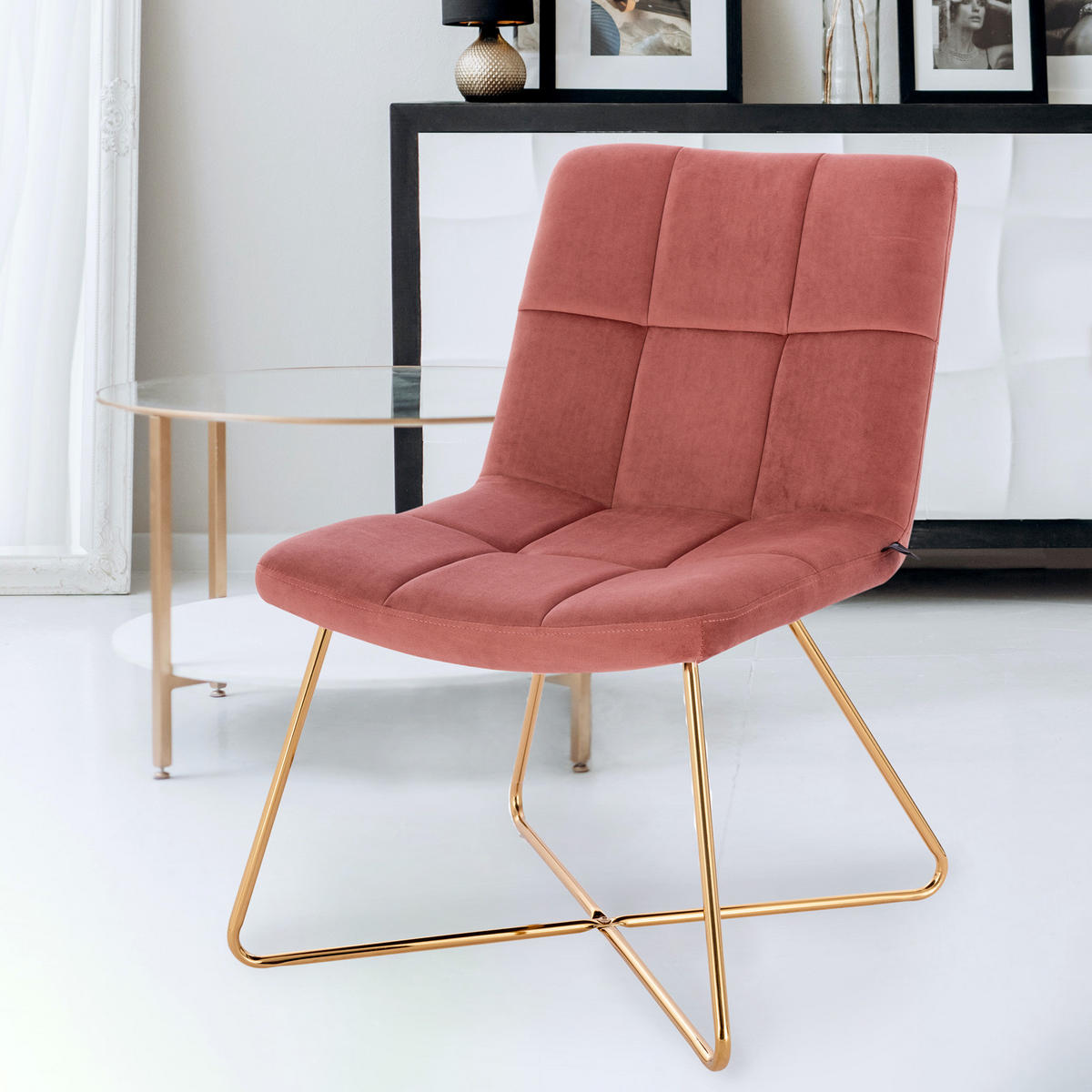 LOUNGESESSEL LYNN Samt Pink - Goldfarben/Altrosa, Textil/Metall (58/82/64cm) - SVITA