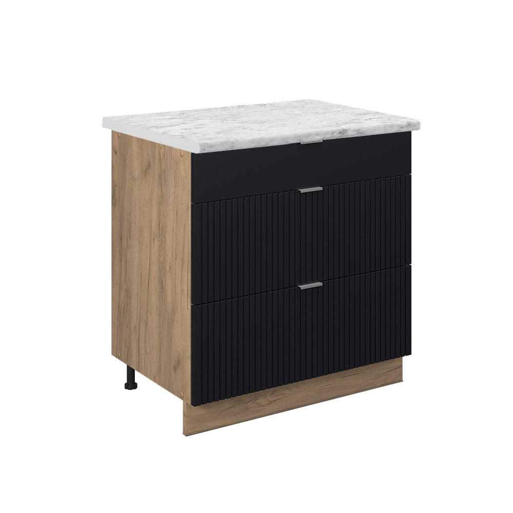 KÖKSUNDERSKÅP Fame-Line Svart randig 80 cm med 3 lådor, AP marmor Svart, Honungsek 82/80/60 cm