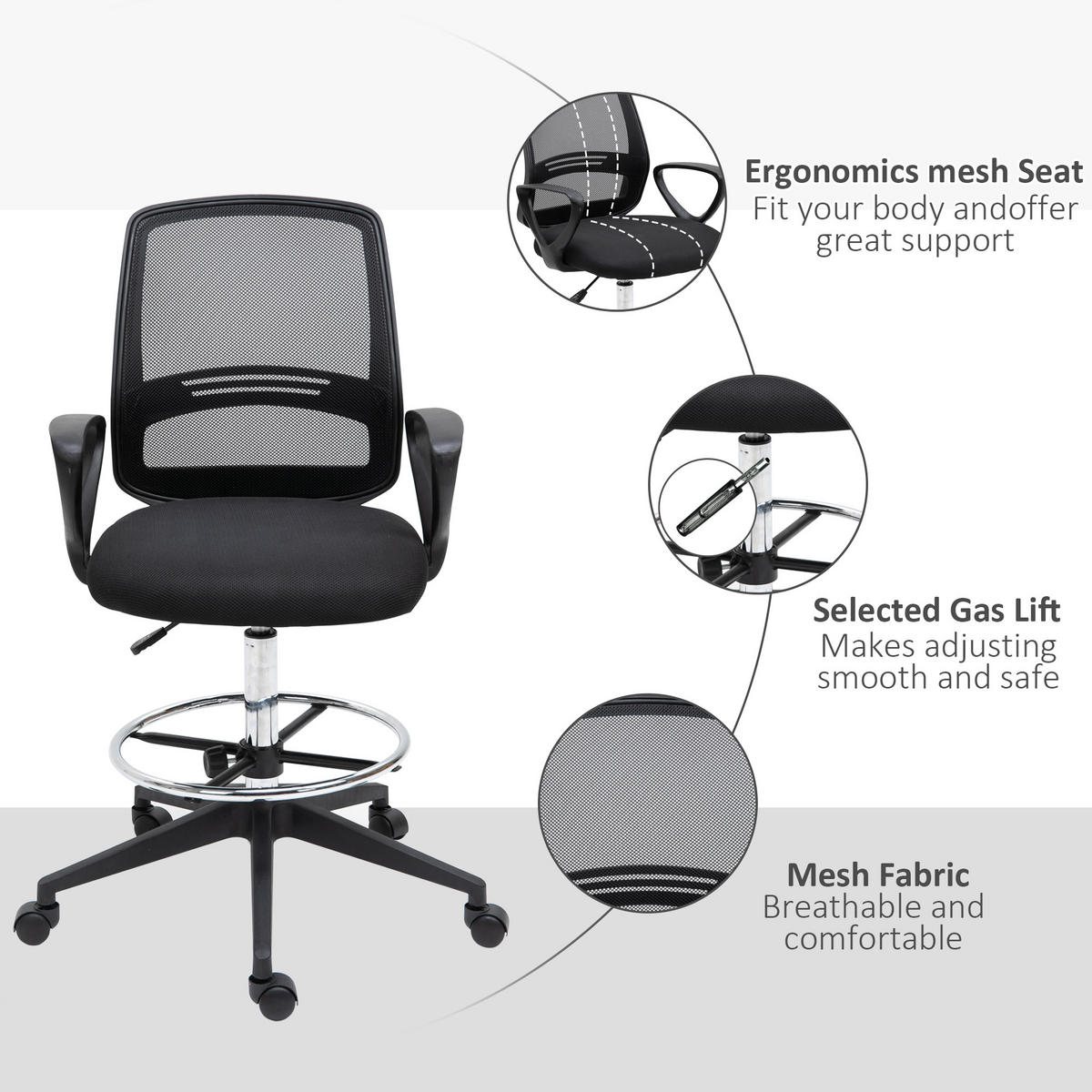 PRACOVNÍ ŽIDLE Ergonomická otočná židle Kancelářská židle s nastavitelnou výškou a opěrkou nohou - černá, textil (66/120/68cm) - Vinsetto