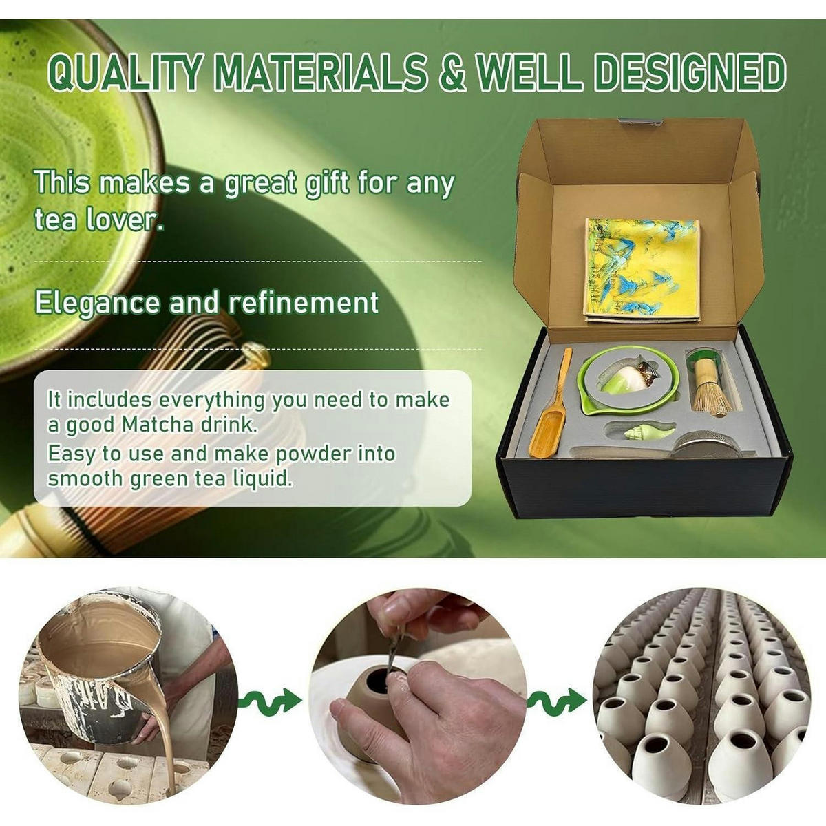 MATCHA Tee Set 9-teiliges Set mit Matcha Besen und Schale - Grün, Keramik (14/7/30cm)