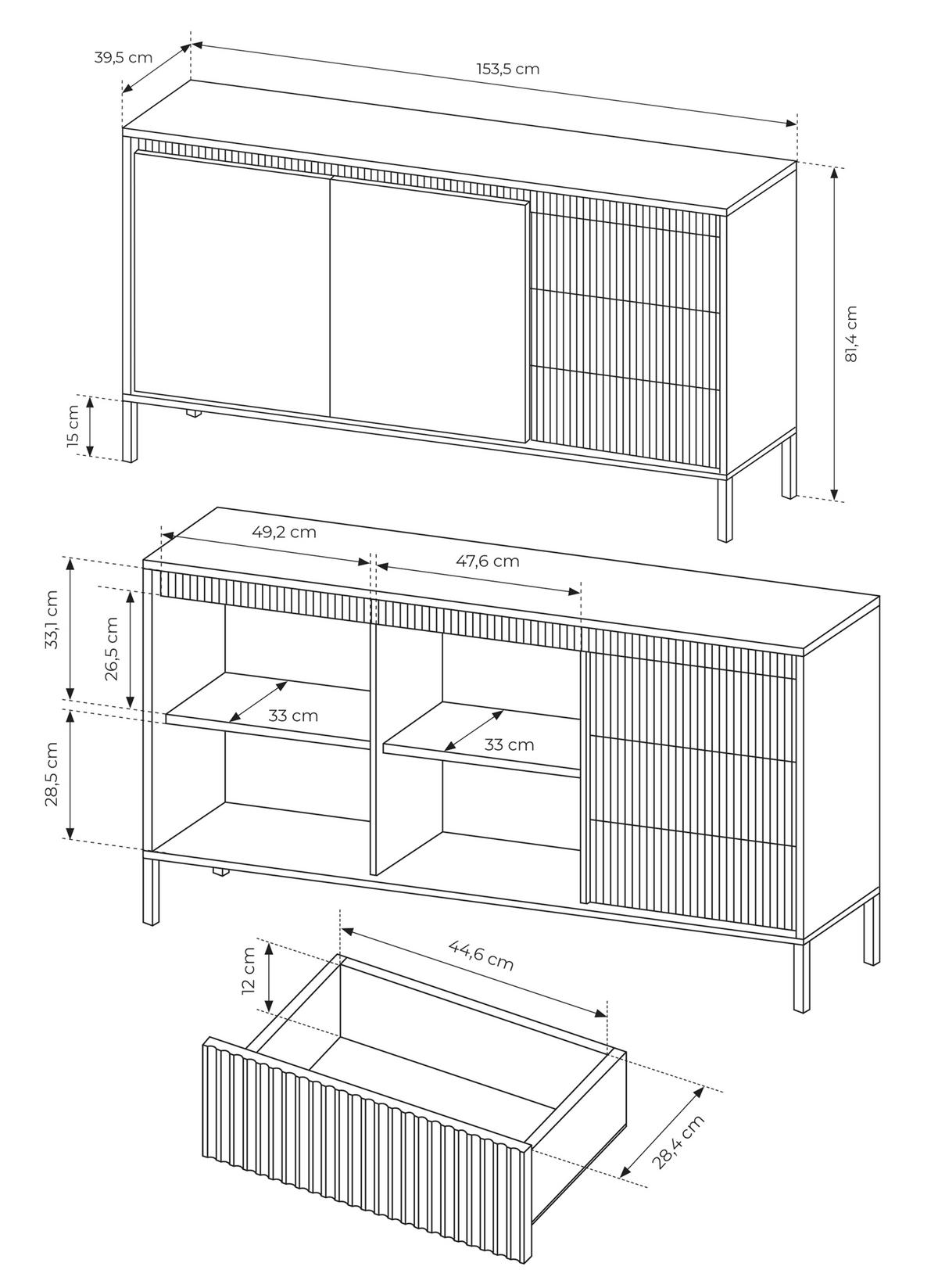 ​KOMMODE SENSO 2D3S Sideboard mit Geriffelten MDF-Fronten, Push-to-Open, Metallfüßen, 153,5x81,4x39,5 cm - Beige - Beige/Creme, Holz/Holzwerkstoff (154/82/40cm) - DomoHome