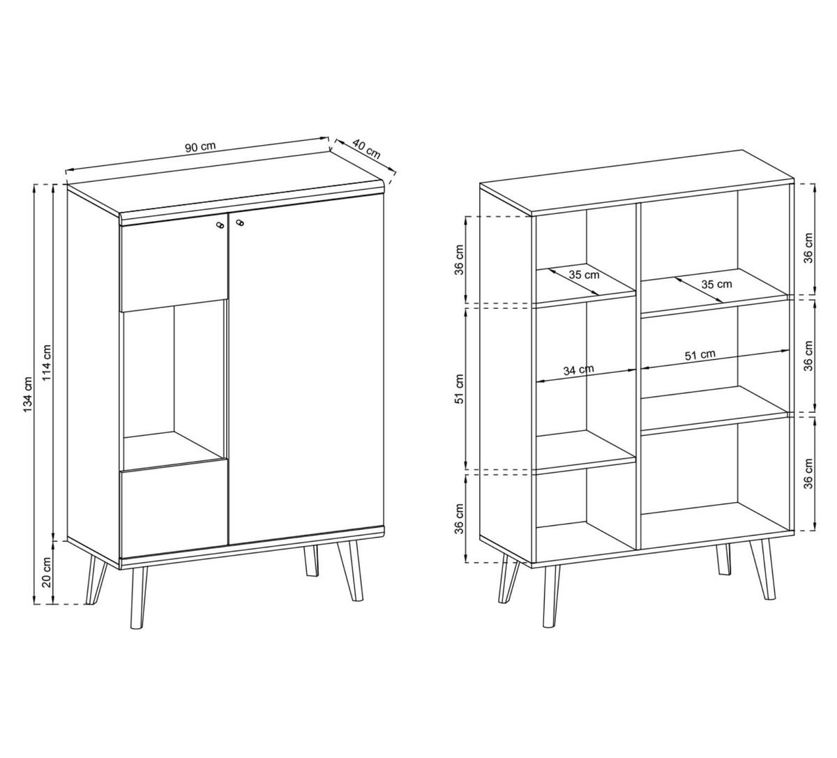 VITRINE Primo Weiß, Eiche Riviera, Zweitürige Glasvitrine - Eichefarben/Weiß, Holzwerkstoff (90/134/40cm) - Bettso