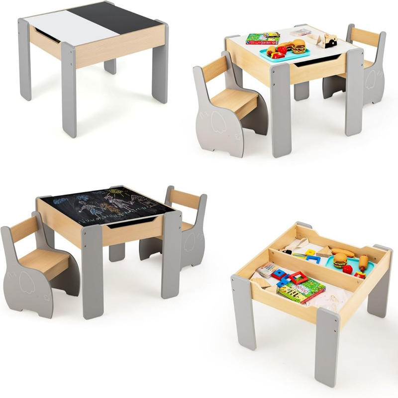 KINDERTISCH mit Stuhl grau(3-tlg) - Grau, Holzwerkstoff (63.5/48/61.5cm) - COSTWAY