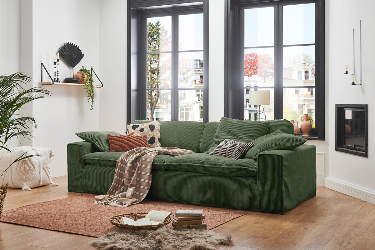 SOFA XL NETTA Grün Cord - Braun/Grün, Birkenholz/Textil (258/90/116cm) - KAWOLA