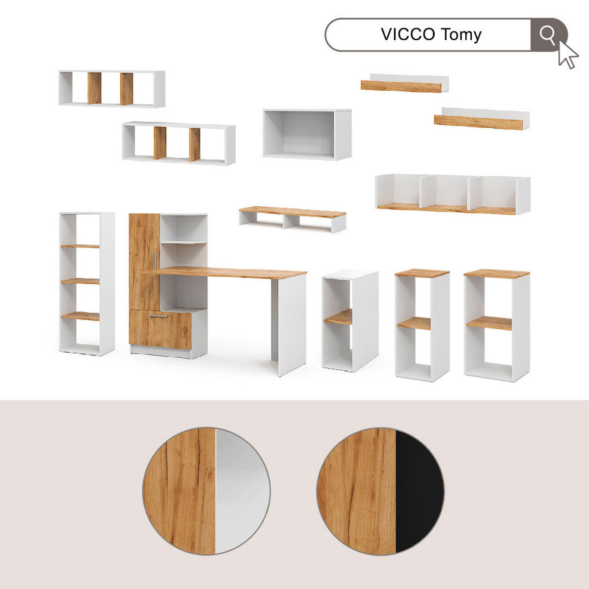 SADA PÍSACIEHO STOLA Tomy, biely/Dub Goldkraft, 150 x 59 cm Sada 3 kusov ako 2 police + stôl - biela/dub medový, kompozitné drevo (59/150/120cm) - Vicco